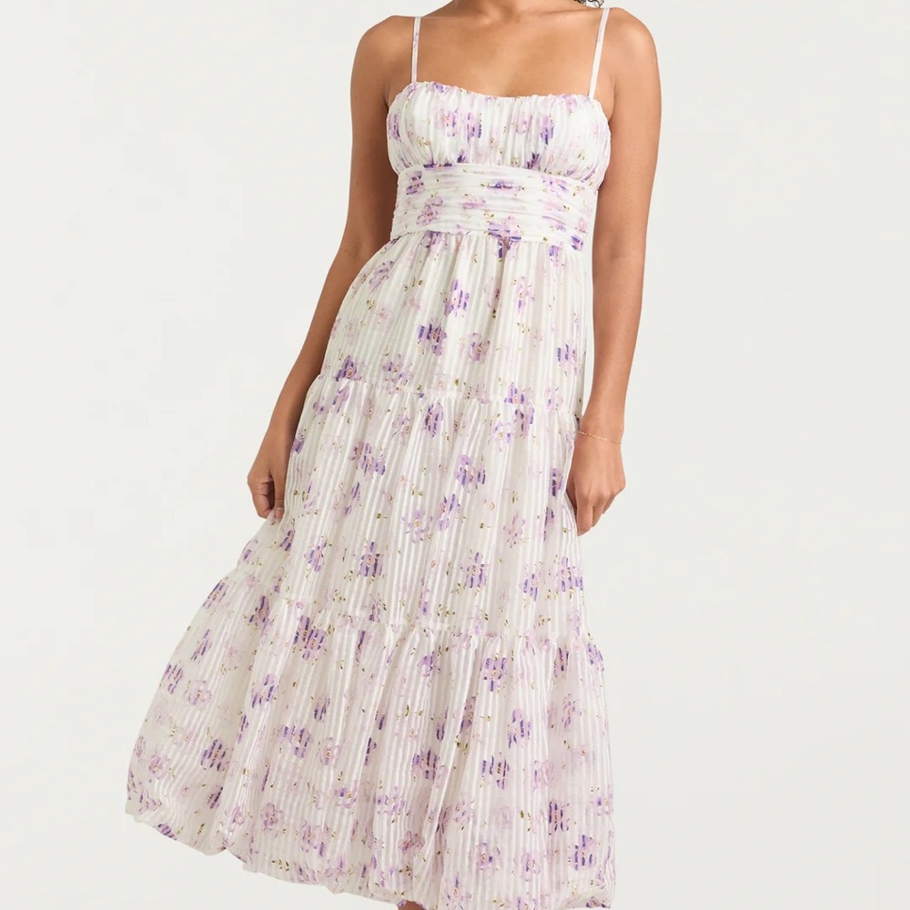 Cinq a Sept White and Purple Tiered Tie Front Midi Dress